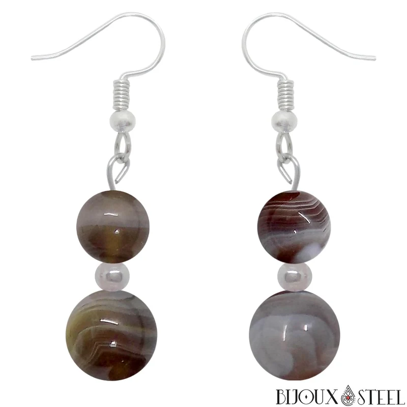 Boucles d'oreilles pendantes doubles perles d'agate du Botswana