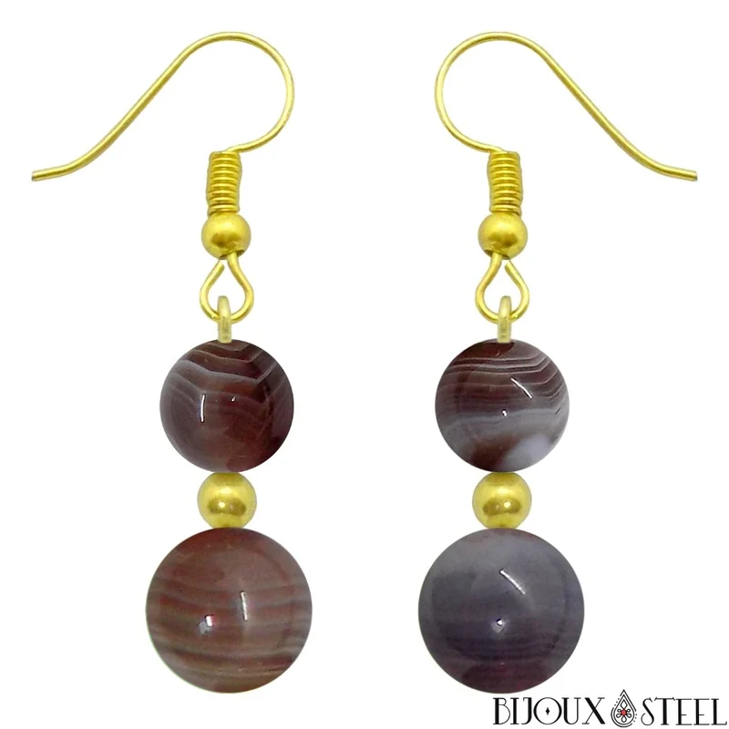 Boucles d'oreilles pendantes doubles perles d'agate du Botswana