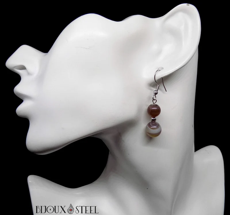 Boucles d'oreilles pendantes doubles perles d'agate du Botswana
