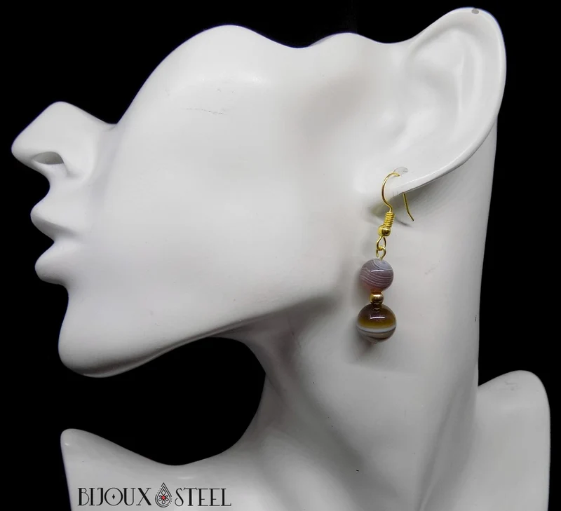 Boucles d'oreilles pendantes doubles perles d'agate du Botswana