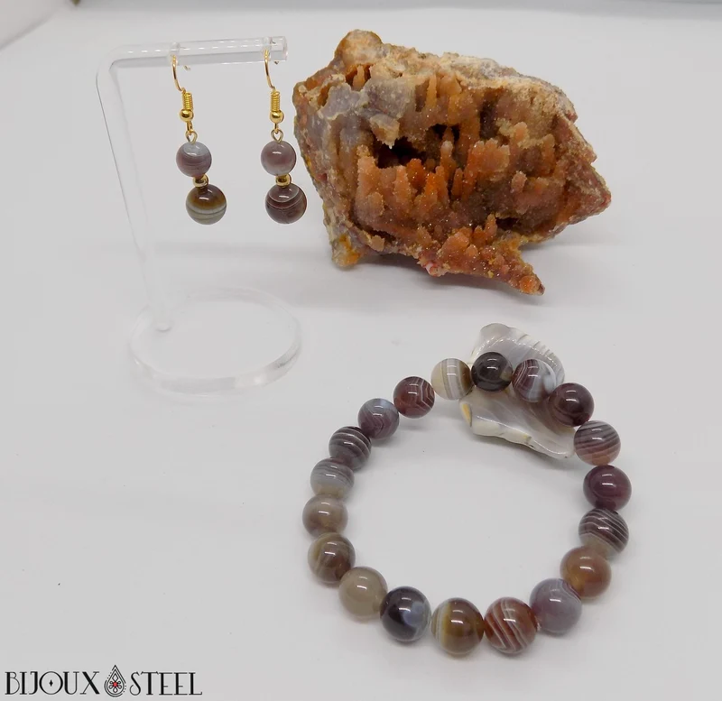 Boucles d'oreilles pendantes doubles perles d'agate du Botswana