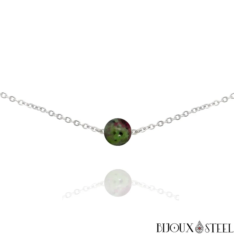 Collier à perle de rubis zoïsite en acier inoxydable