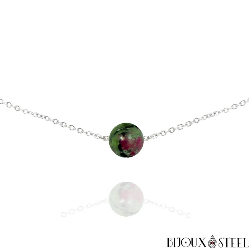 Collier à perle de rubis zoïsite en acier inoxydable