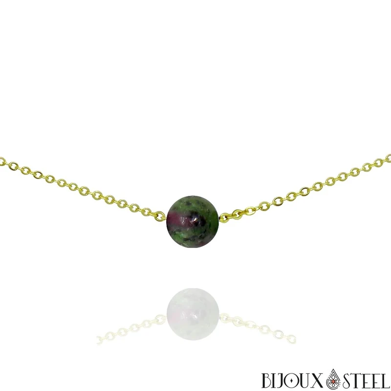 Collier à perle de rubis zoïsite en acier inoxydable