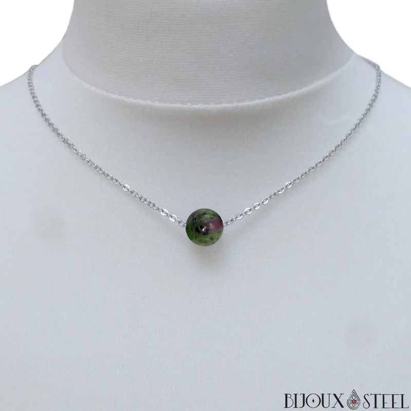 Collier à perle de rubis zoïsite en acier inoxydable