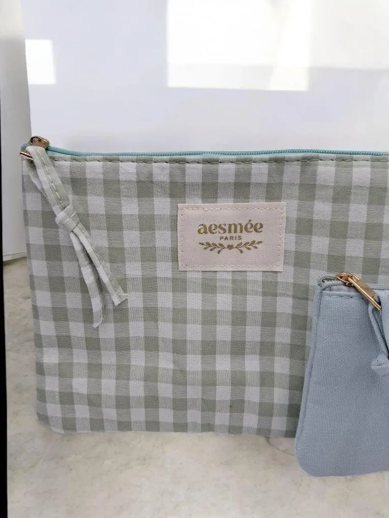 Pochette et trousse assorties vert d’eau vichy crème