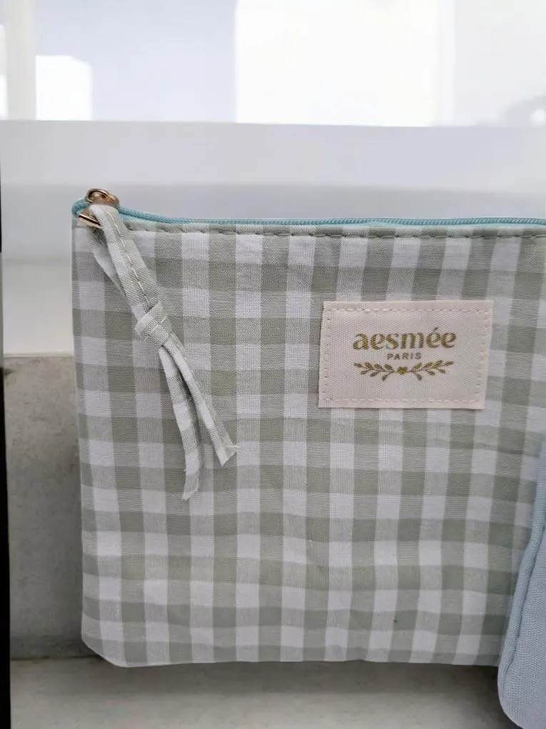 Pochette et trousse assorties vert d’eau vichy crème