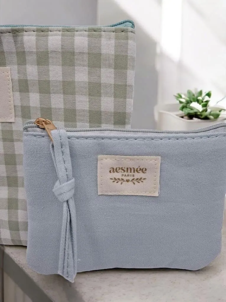 Pochette et trousse assorties vert d’eau vichy crème