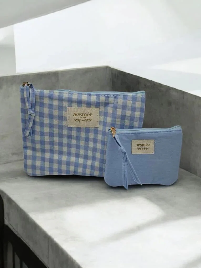 Pochette et trousse en coton vichy bleu et crème