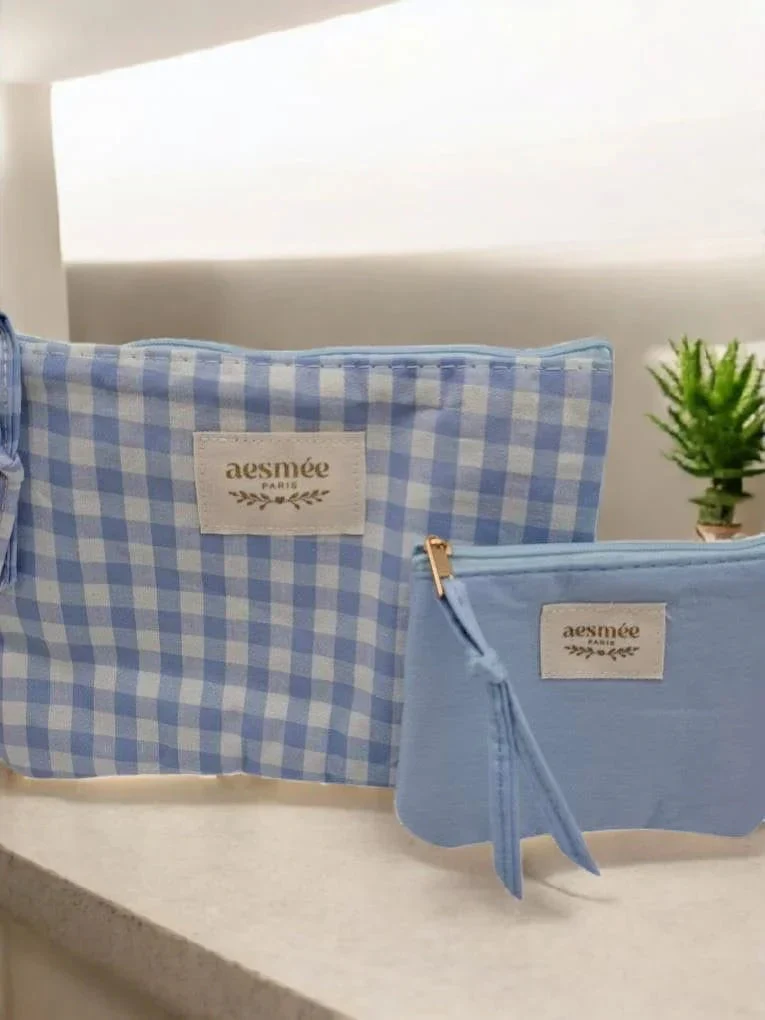 Pochette et trousse en coton vichy bleu et crème