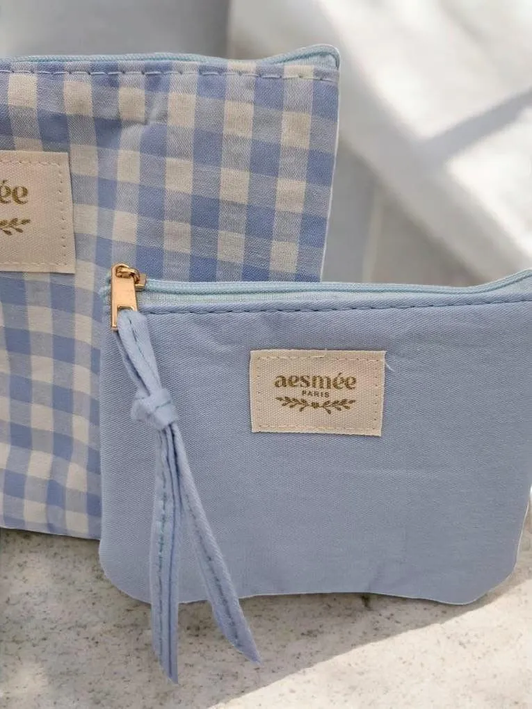 Pochette et trousse en coton vichy bleu et crème