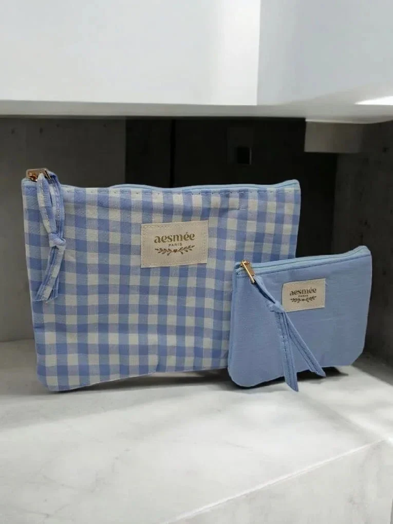 Pochette et trousse en coton vichy bleu et crème