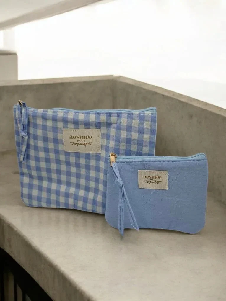 Pochette et trousse en coton vichy bleu et crème