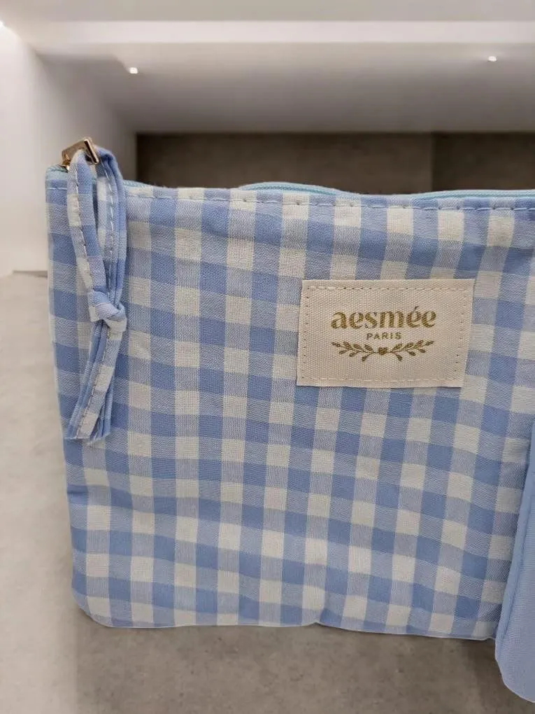 Pochette et trousse en coton vichy bleu et crème