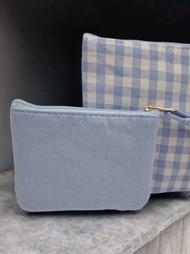 Pochette et trousse en coton vichy bleu et crème