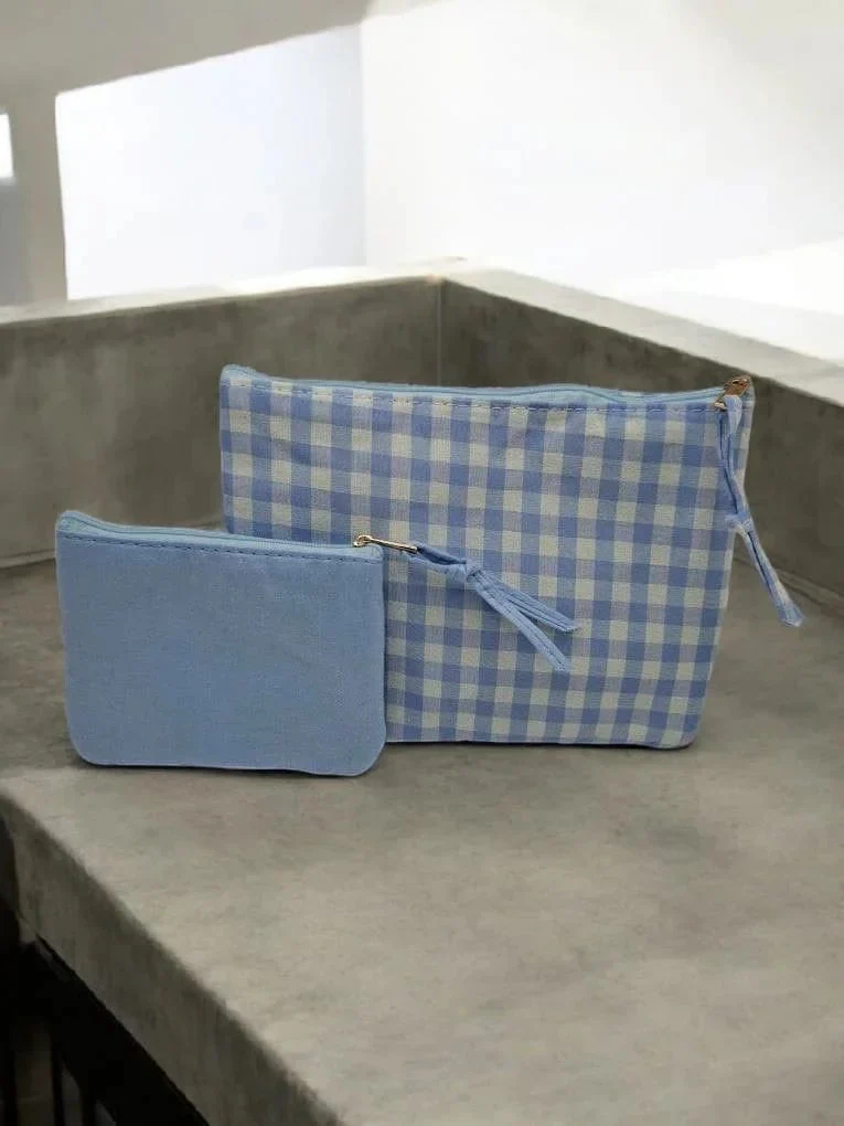 Pochette et trousse en coton vichy bleu et crème