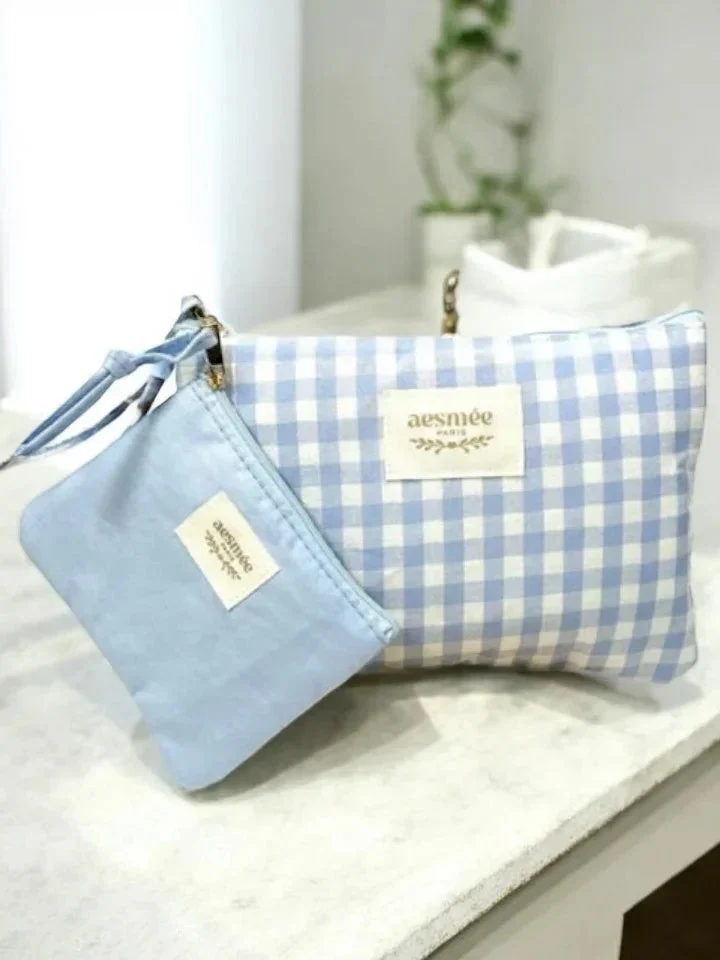 Pochette et trousse en coton vichy bleu et crème