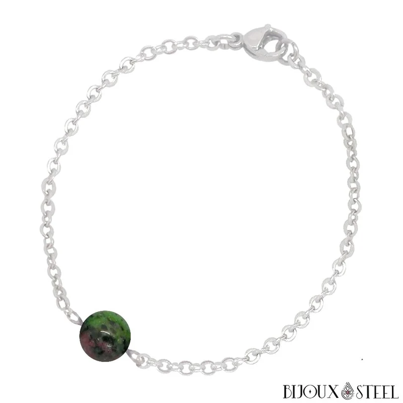 Bracelet à perle de rubis zoïsite en acier inoxydable