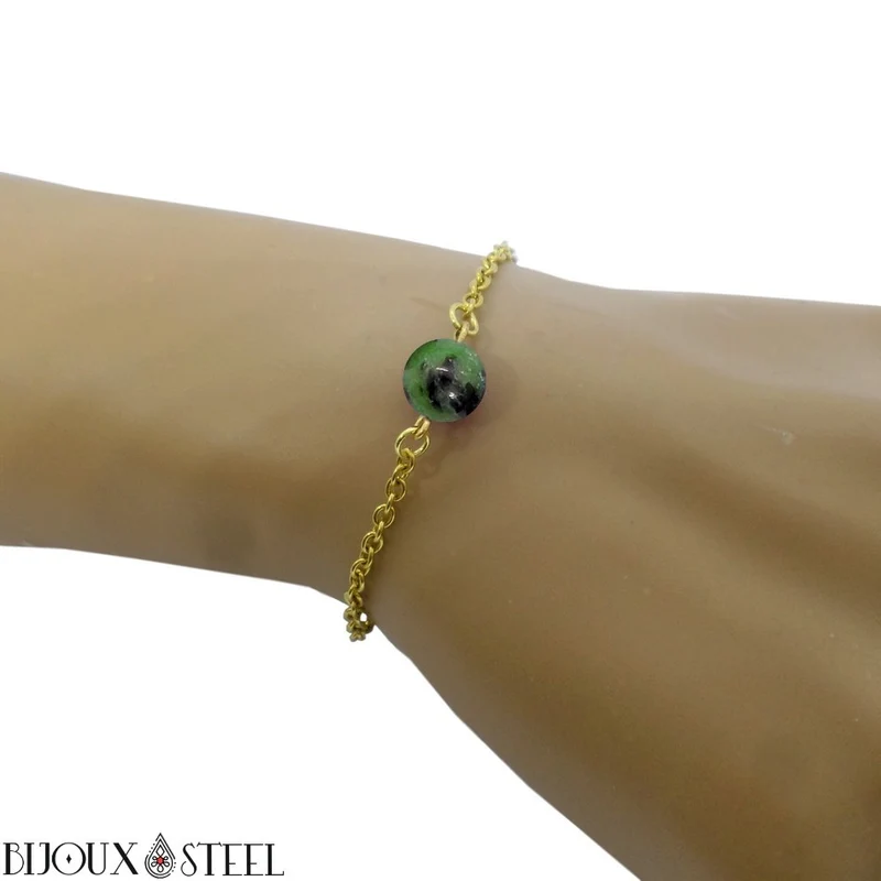 Bracelet à perle de rubis zoïsite en acier inoxydable