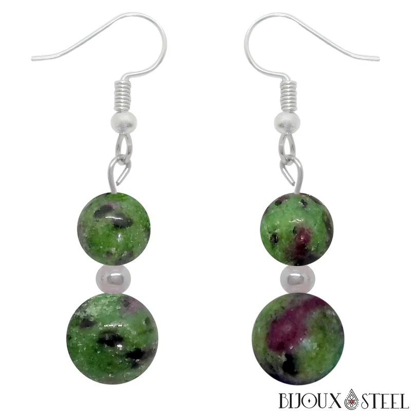 Boucles d'oreilles pendantes doubles perles de rubis zoïsite