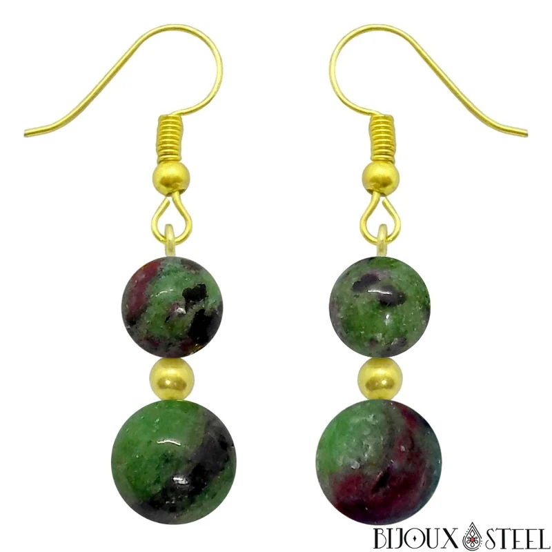 Boucles d'oreilles pendantes doubles perles de rubis zoïsite