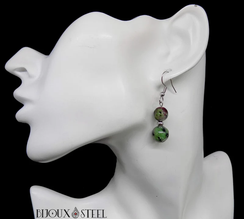 Boucles d'oreilles pendantes doubles perles de rubis zoïsite