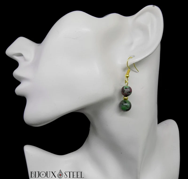 Boucles d'oreilles pendantes doubles perles de rubis zoïsite