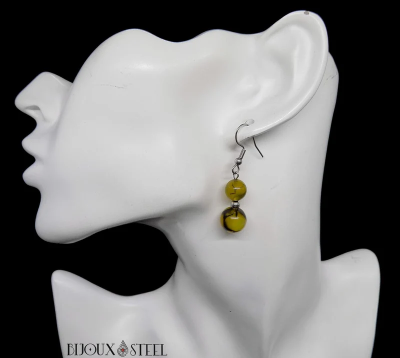 Boucles d'oreilles pendantes doubles perles d'agate veine de dragon jaune