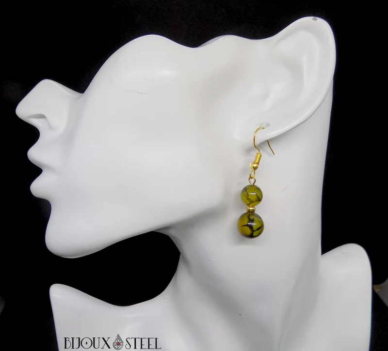 Boucles d'oreilles pendantes doubles perles d'agate veine de dragon jaune