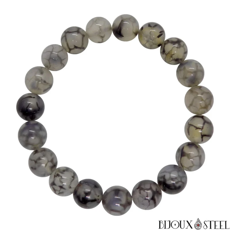 Bracelet en perles d'agate veine de dragon grise 10mm