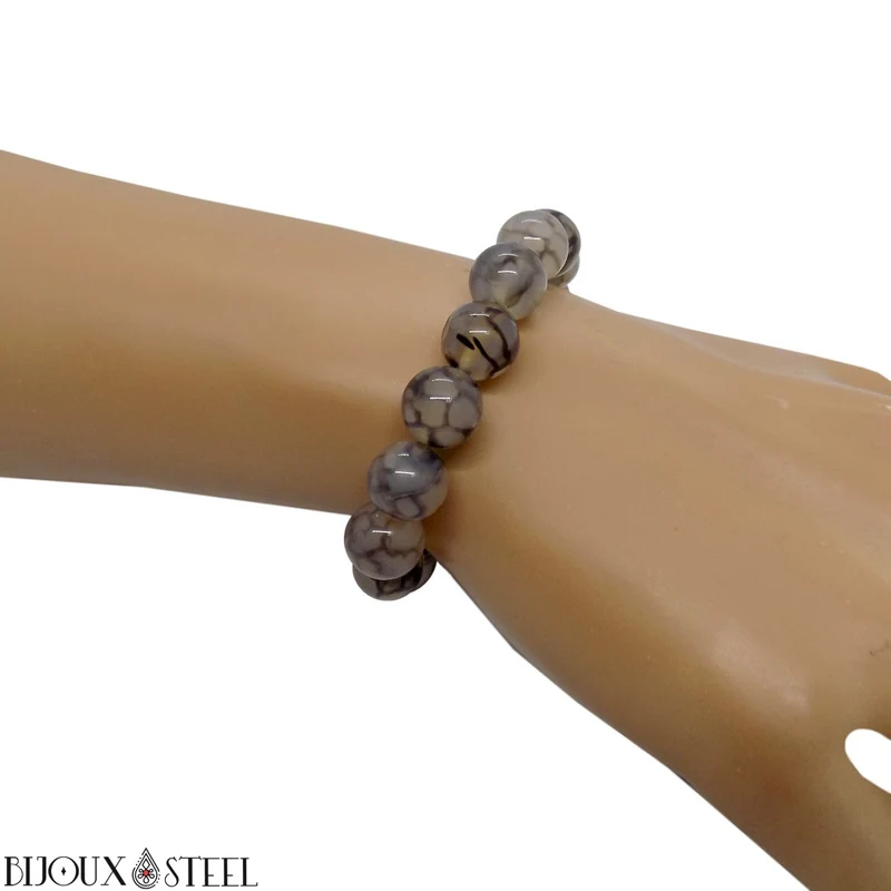 Bracelet en perles d'agate veine de dragon grise 10mm