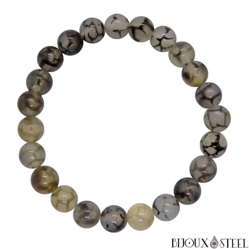 Bracelet en perles d'agate veine de dragon grise 8mm