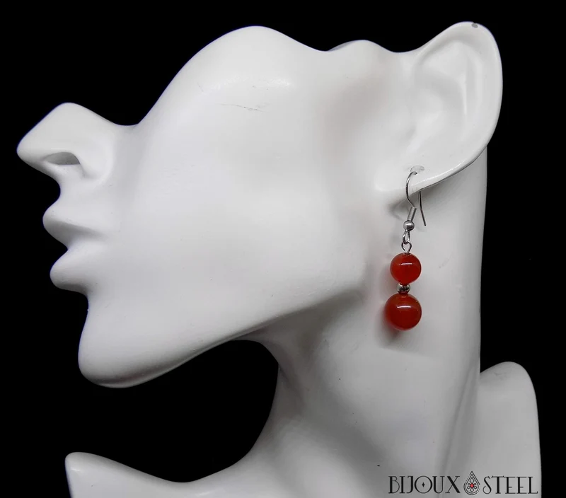 Boucles d'oreilles pendantes doubles perles de cornaline