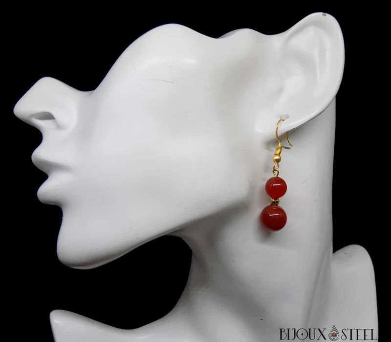 Boucles d'oreilles pendantes doubles perles de cornaline