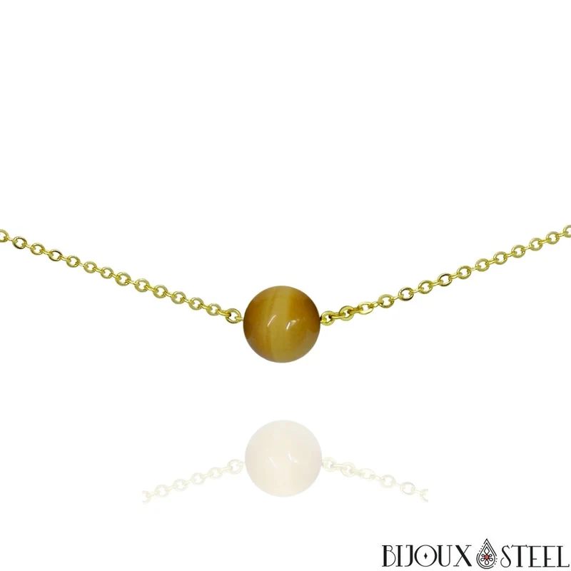 Collier à perle d'oeil de tigre caramel en acier inoxydable