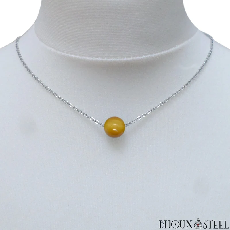 Collier à perle d'oeil de tigre caramel en acier inoxydable