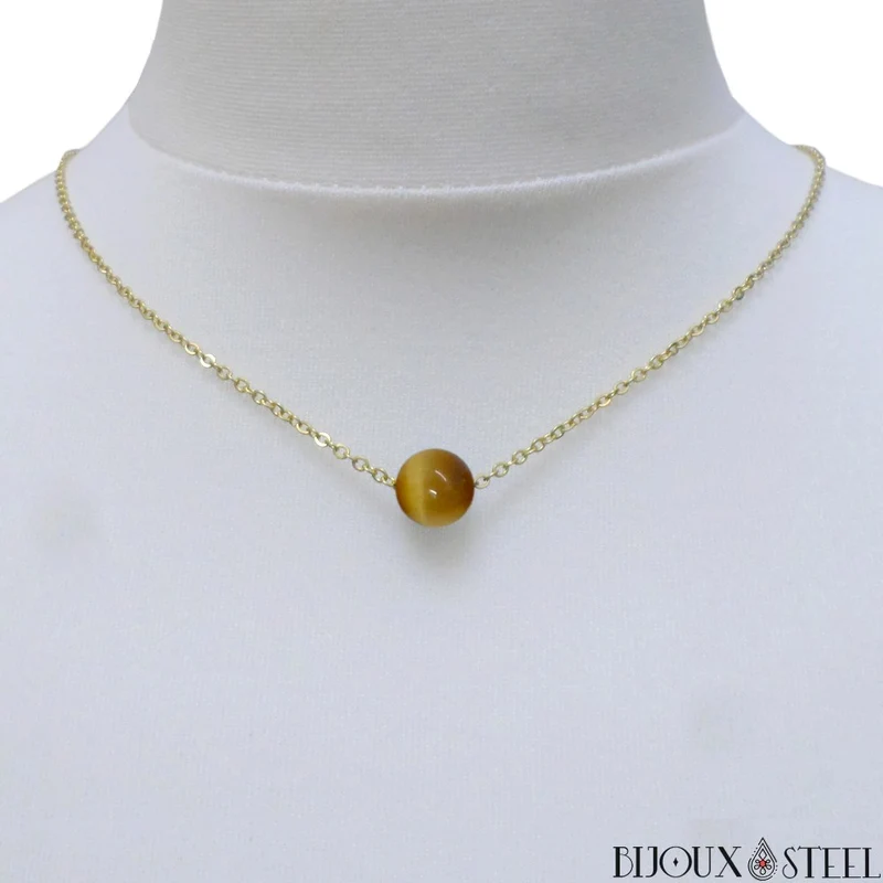 Collier à perle d'oeil de tigre caramel en acier inoxydable