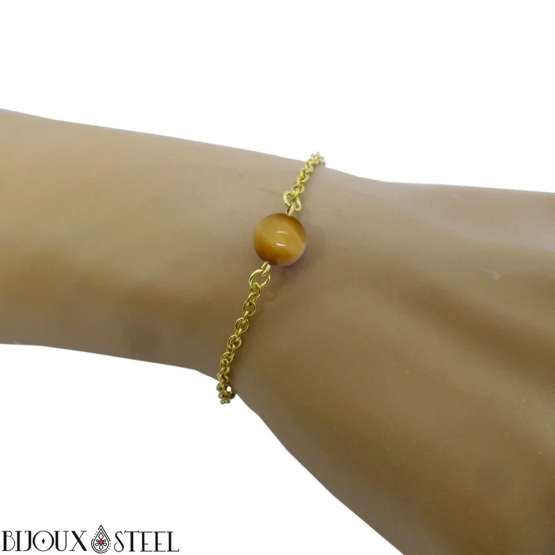 Bracelet à perle d'oeil de tigre caramel en acier inoxydable