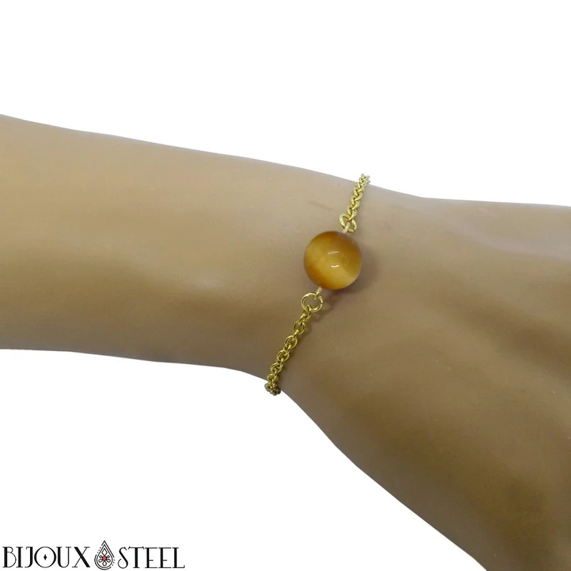 Bracelet à perle d'oeil de tigre caramel en acier inoxydable