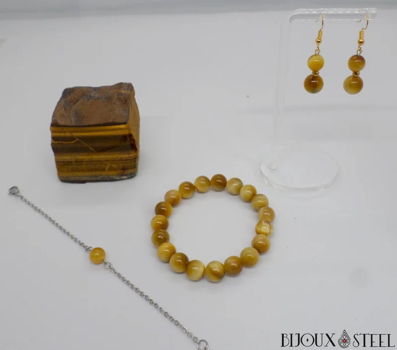 Bracelet à perle d'oeil de tigre caramel en acier inoxydable