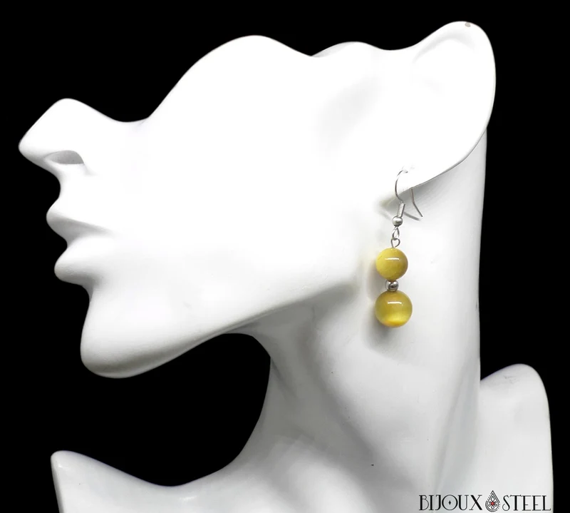 Boucles d'oreilles pendantes doubles perles d'oeil de tigre caramel