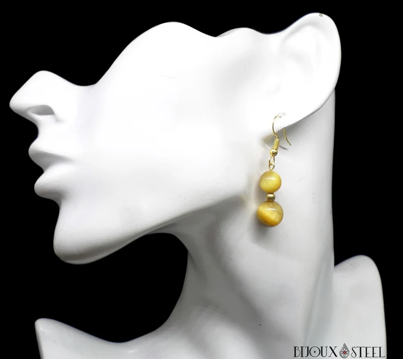 Boucles d'oreilles pendantes doubles perles d'oeil de tigre caramel