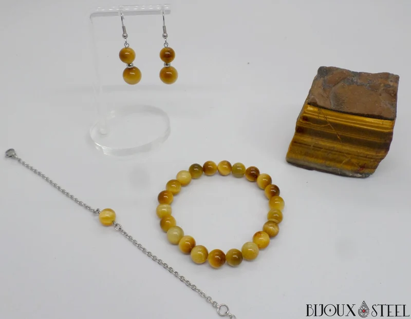 Boucles d'oreilles pendantes doubles perles d'oeil de tigre caramel