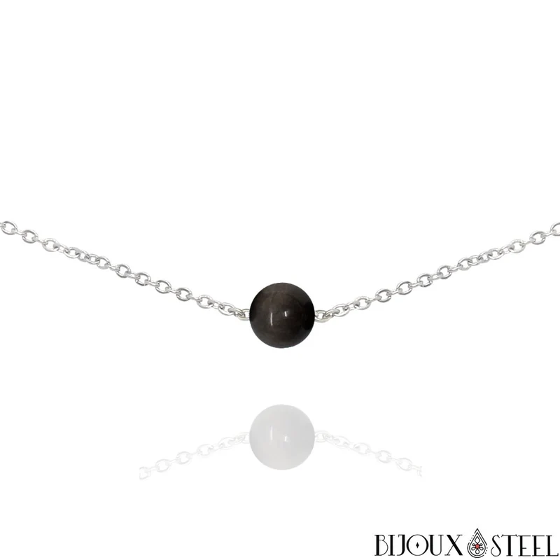 Collier à perle d'obsidienne argentée en acier inoxydable