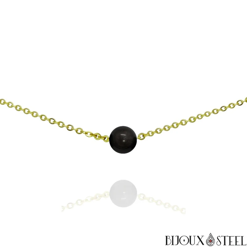 Collier à perle d'obsidienne argentée en acier inoxydable