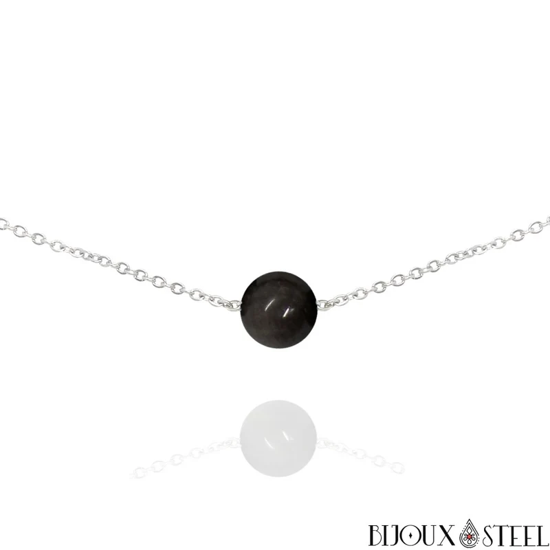 Collier à perle d'obsidienne argentée en acier inoxydable