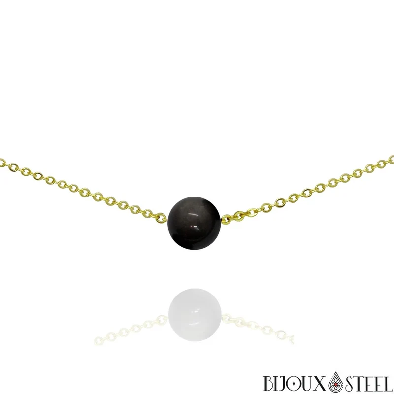 Collier à perle d'obsidienne argentée en acier inoxydable