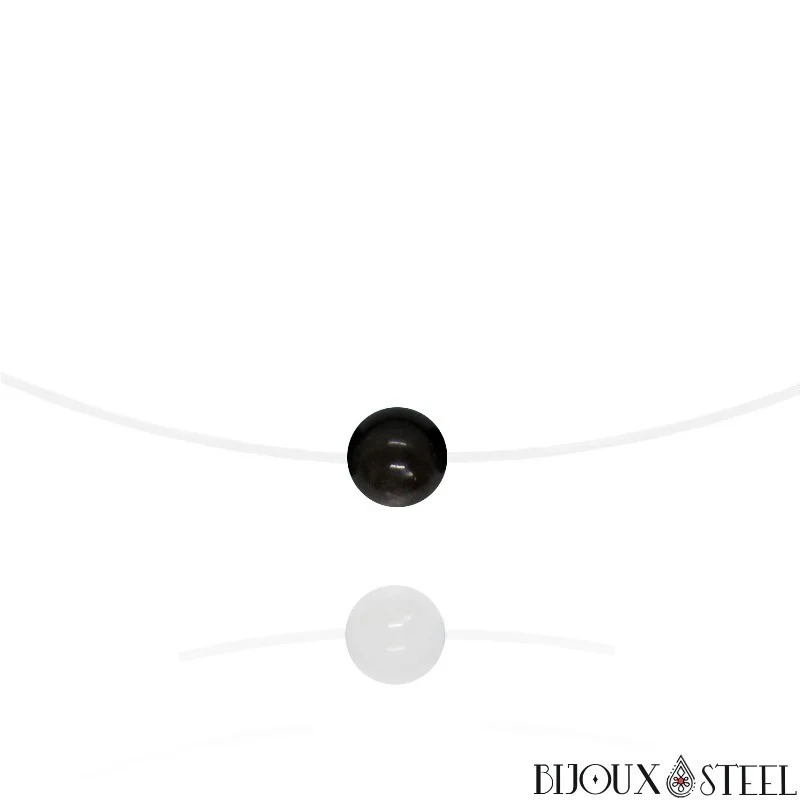 Collier à perle d'obsidienne argentée sur son fil de nylon