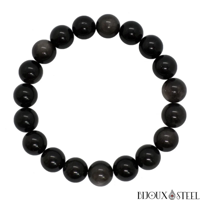 Bracelet en perles d'obsidienne argentée 10mm