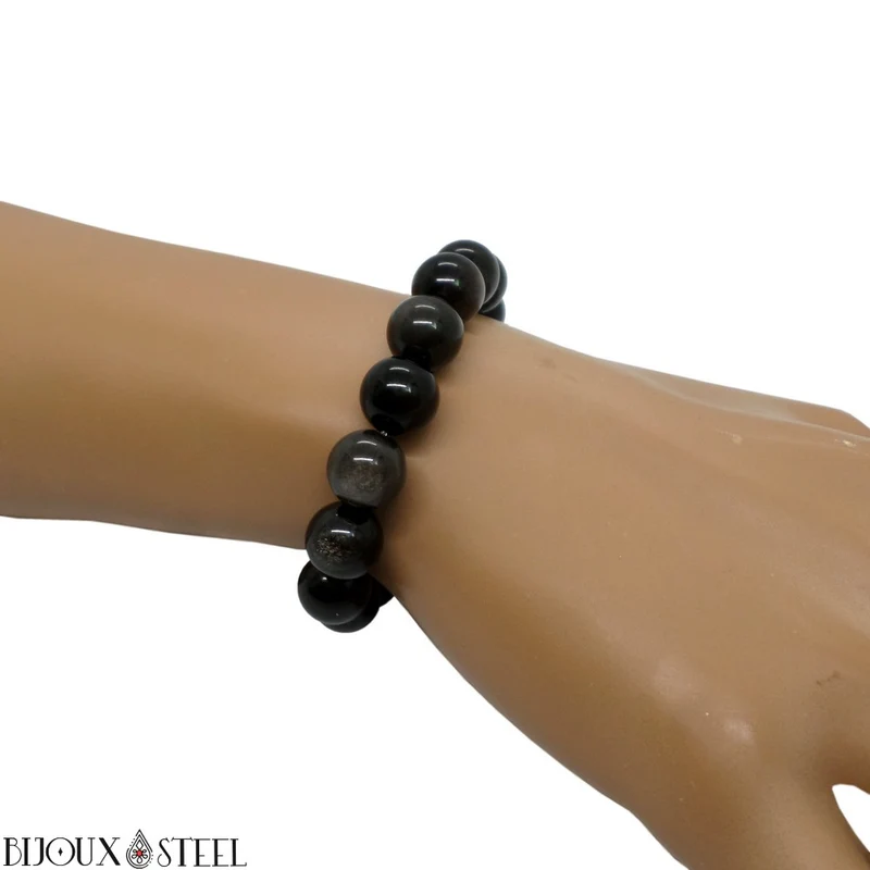 Bracelet en perles d'obsidienne argentée 10mm